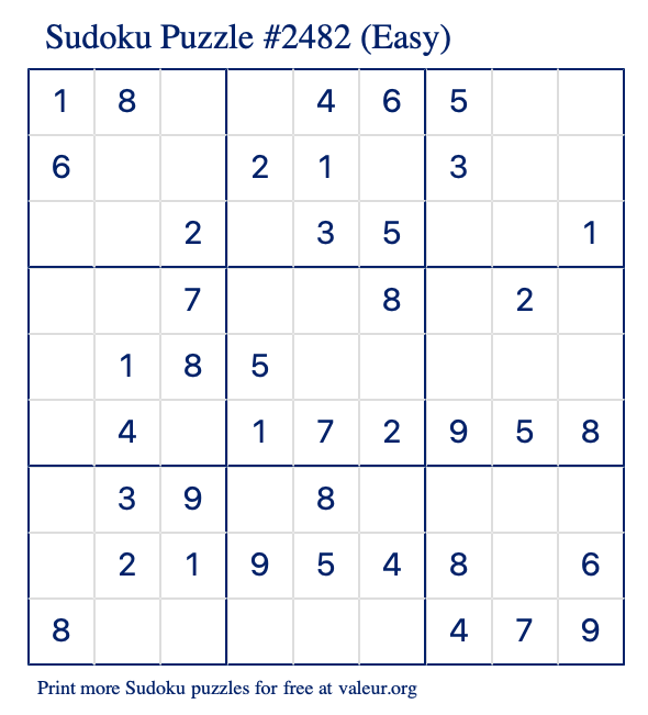 Free Printable Easy Sudoku Puzzle number 2482