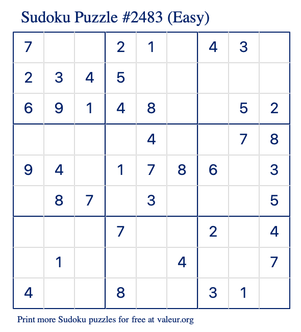 Free Printable Easy Sudoku Puzzle number 2483