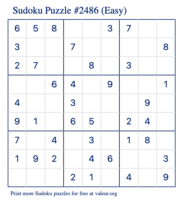 Free Printable Easy Sudoku Puzzle number 2486