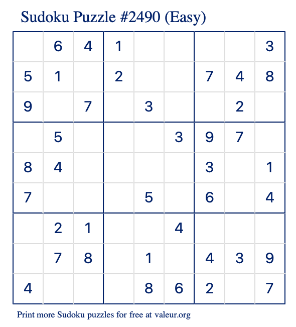 Free Printable Easy Sudoku Puzzle number 2490