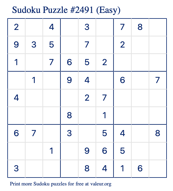 Free Printable Easy Sudoku Puzzle number 2491
