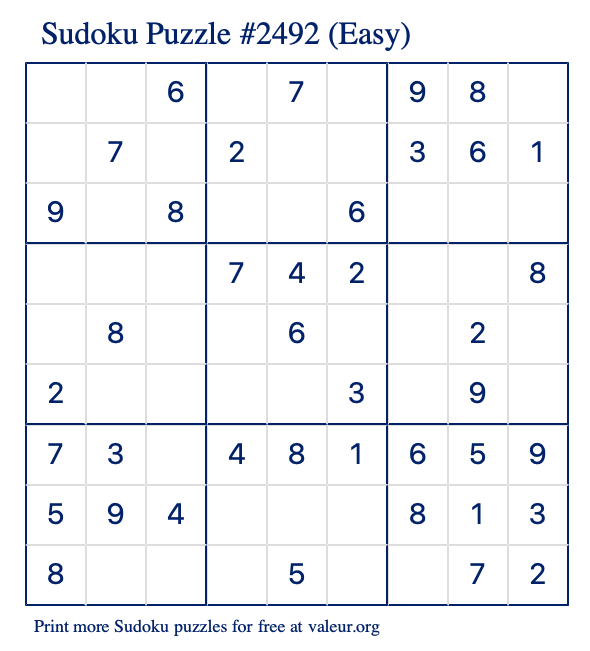 Free Printable Easy Sudoku Puzzle number 2492
