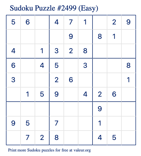 Free Printable Easy Sudoku Puzzle number 2499