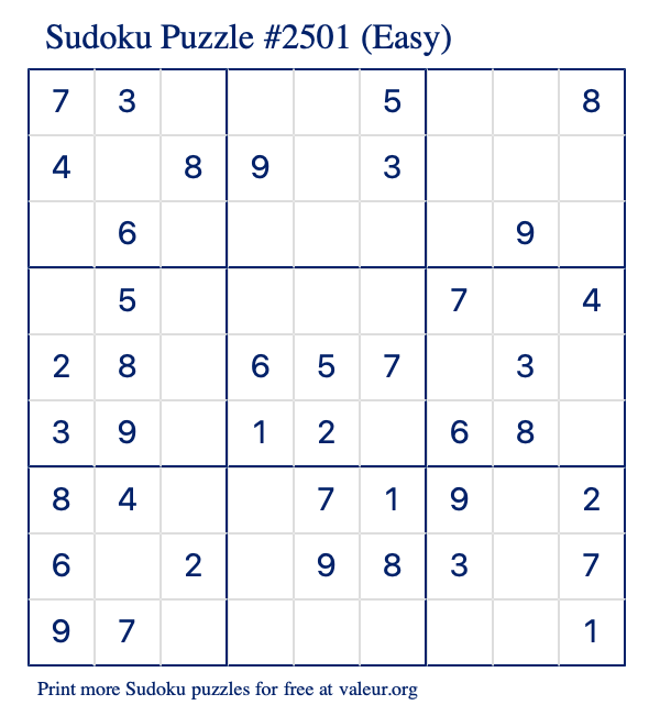 Free Printable Easy Sudoku Puzzle number 2501