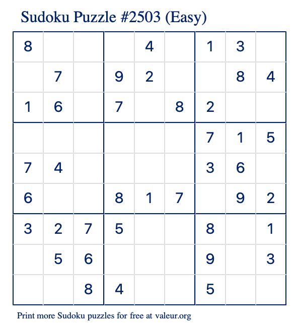 Free Printable Easy Sudoku Puzzle number 2503