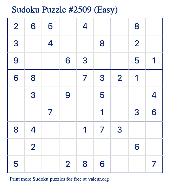 Free Printable Easy Sudoku Puzzle number 2509