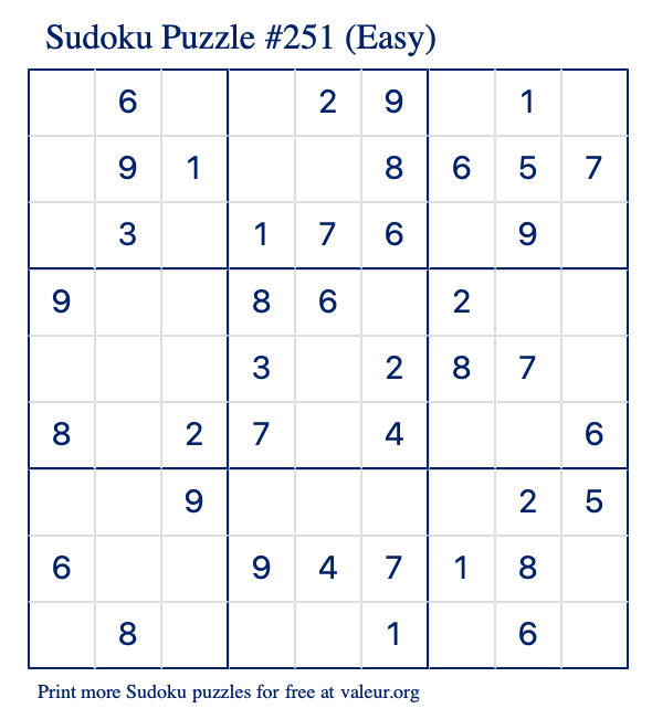 Free Printable Easy Sudoku Puzzle number 251