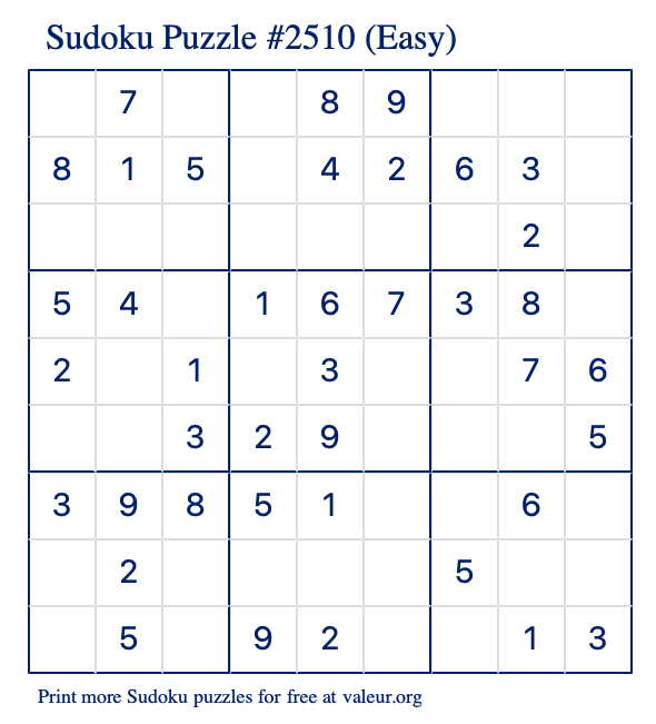 Free Printable Easy Sudoku Puzzle number 2510
