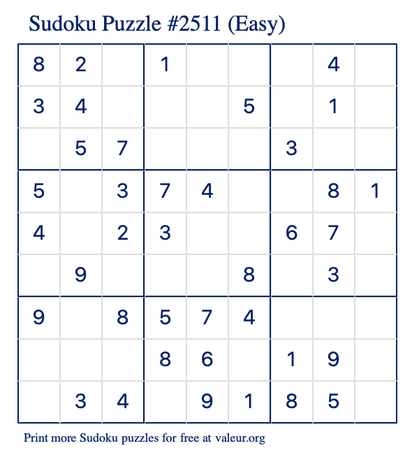 Free Printable Easy Sudoku Puzzle number 2511