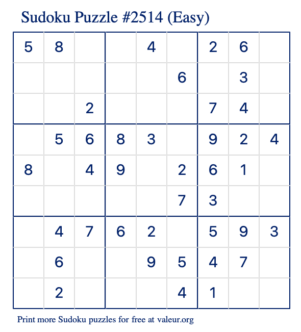 Free Printable Easy Sudoku Puzzle number 2514