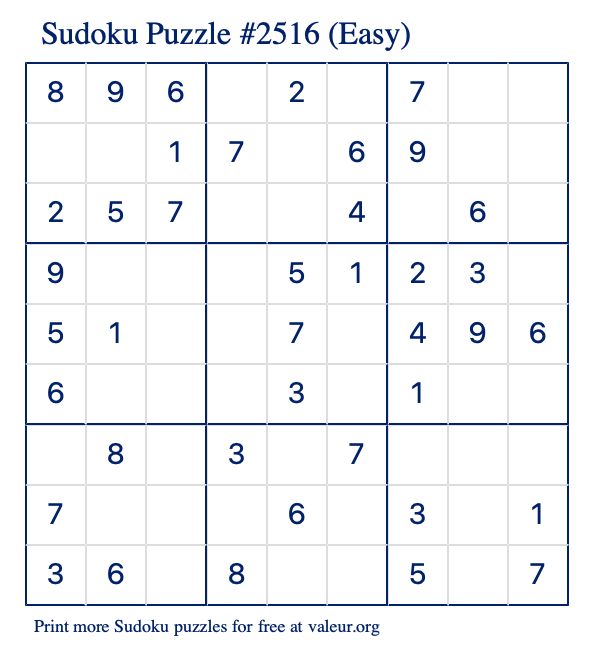 Free Printable Easy Sudoku Puzzle number 2516