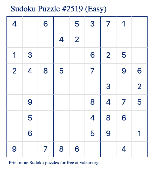 Free Printable Easy Sudoku Puzzle number 2519