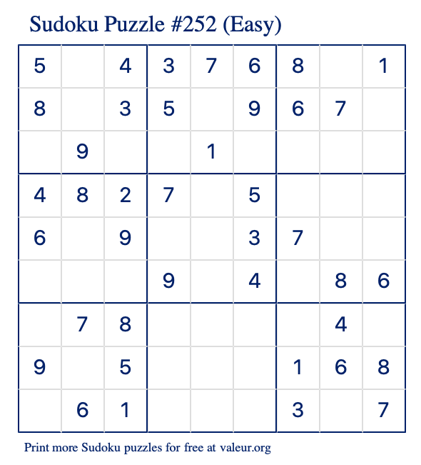 Free Printable Easy Sudoku Puzzle number 252