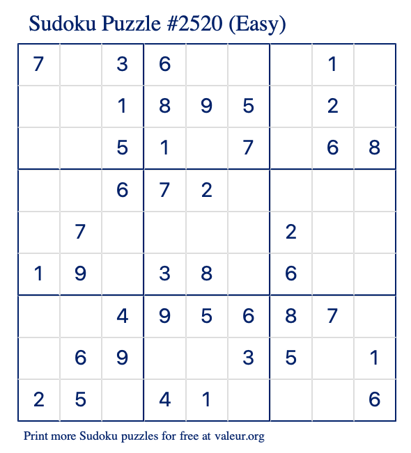 Free Printable Easy Sudoku Puzzle number 2520
