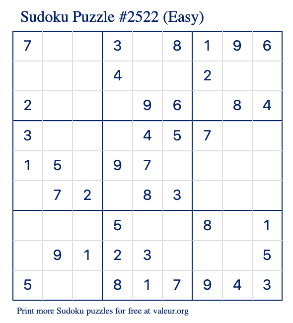 Free Printable Easy Sudoku Puzzle number 2522