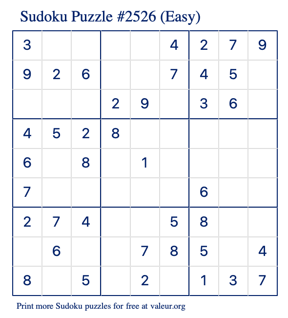 Free Printable Easy Sudoku Puzzle number 2526