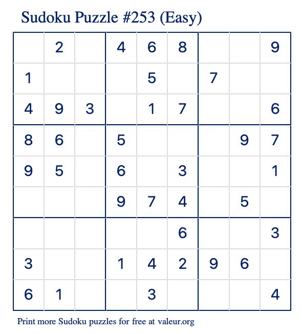 Free Printable Easy Sudoku Puzzle number 253