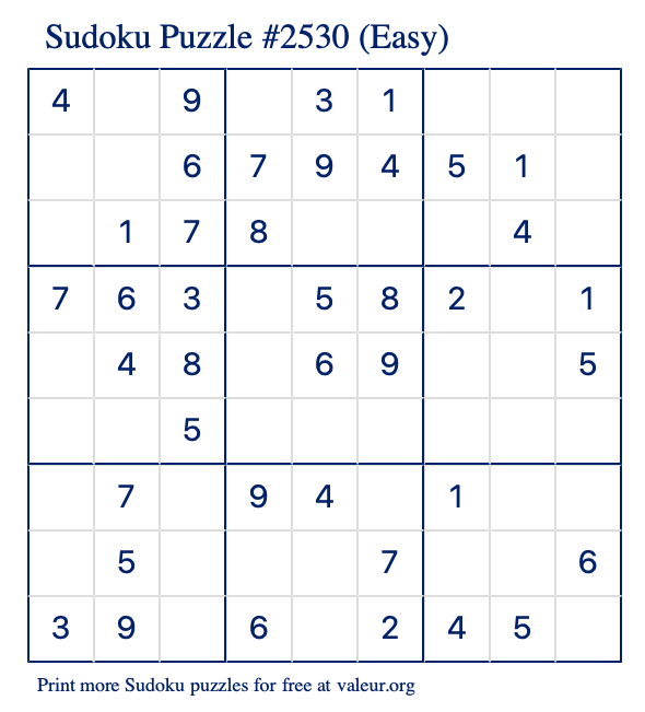 Free Printable Easy Sudoku Puzzle number 2530
