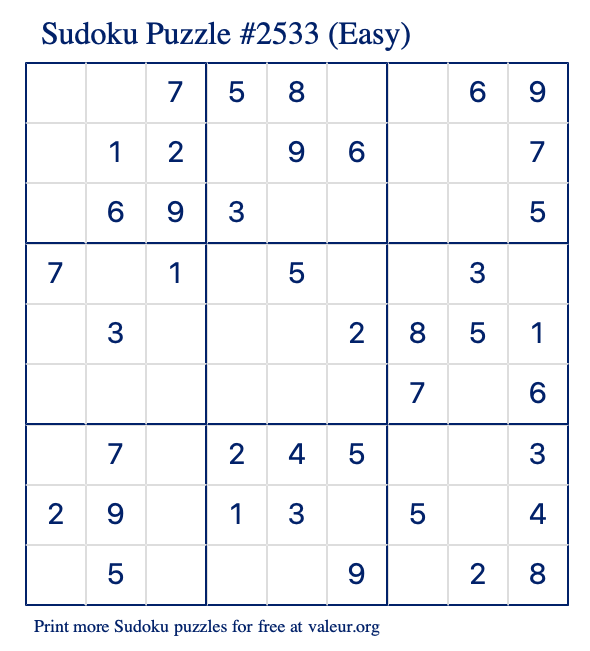 Free Printable Easy Sudoku Puzzle number 2533