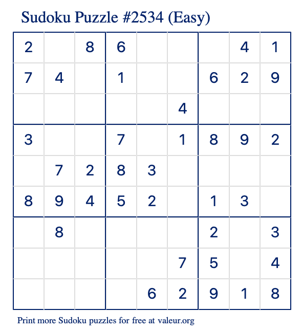 Free Printable Easy Sudoku Puzzle number 2534