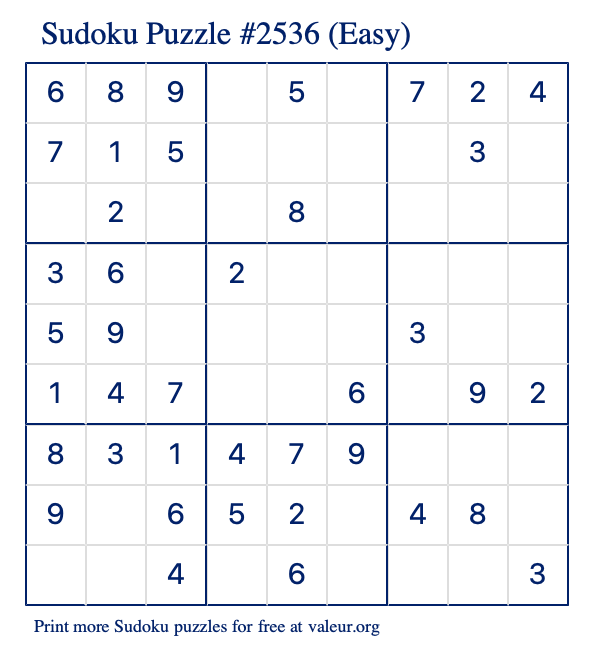 Free Printable Easy Sudoku Puzzle number 2536