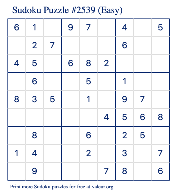 Free Printable Easy Sudoku Puzzle number 2539