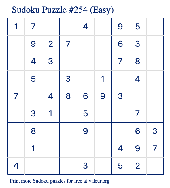 Free Printable Easy Sudoku Puzzle number 254