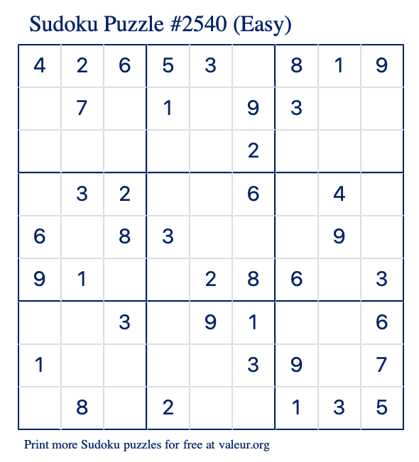 Free Printable Easy Sudoku Puzzle number 2540