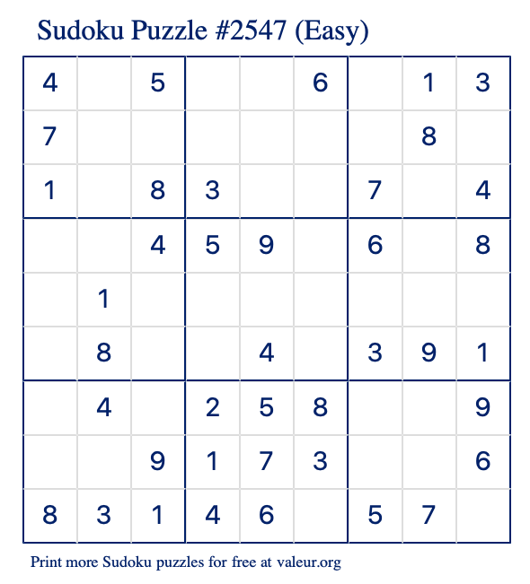 Free Printable Easy Sudoku Puzzle number 2547
