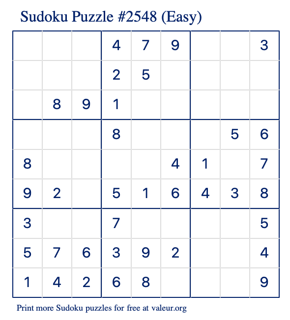 Free Printable Easy Sudoku Puzzle number 2548