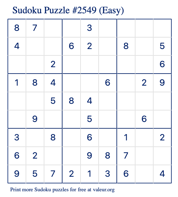Free Printable Easy Sudoku Puzzle number 2549