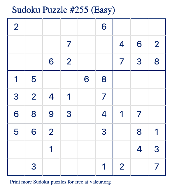 Free Printable Easy Sudoku Puzzle number 255