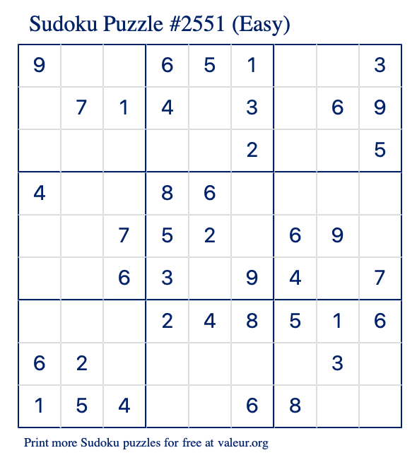 Free Printable Easy Sudoku Puzzle number 2551