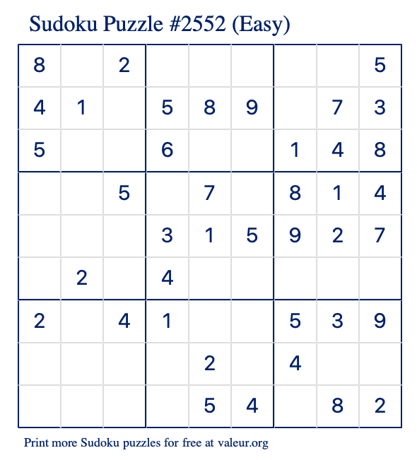 Free Printable Easy Sudoku Puzzle number 2552