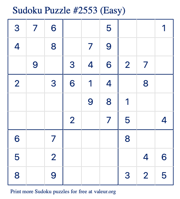 Free Printable Easy Sudoku Puzzle number 2553