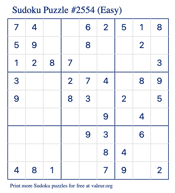 Free Printable Easy Sudoku Puzzle number 2554