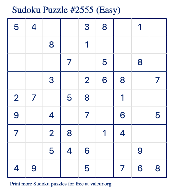 Free Printable Easy Sudoku Puzzle number 2555