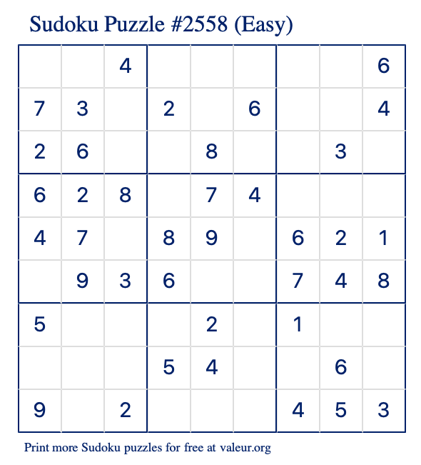 Free Printable Easy Sudoku Puzzle number 2558