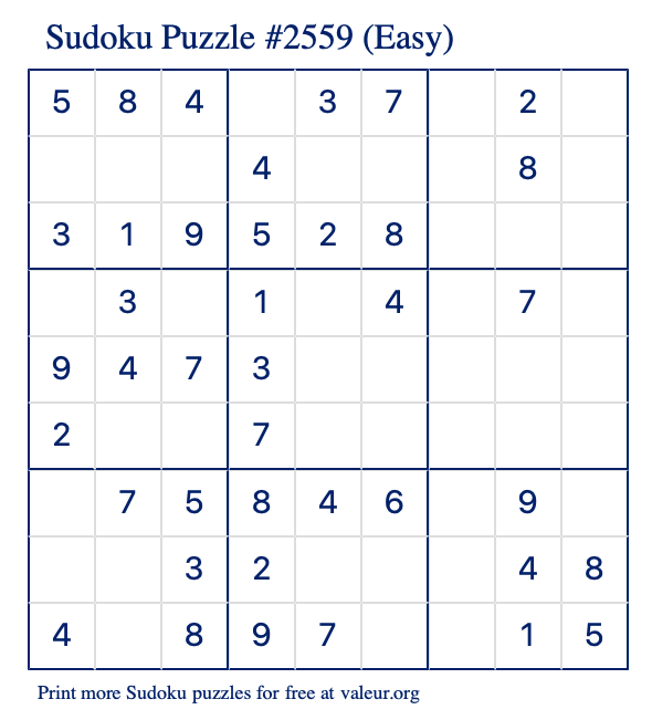 Free Printable Easy Sudoku Puzzle number 2559