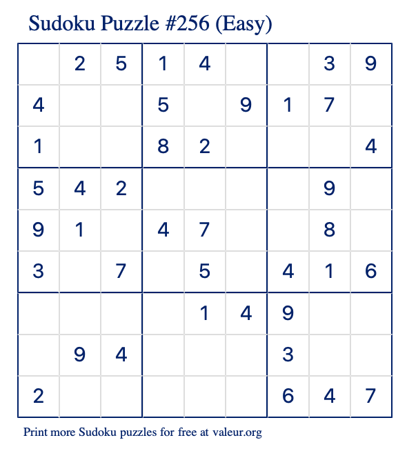 Free Printable Easy Sudoku Puzzle number 256