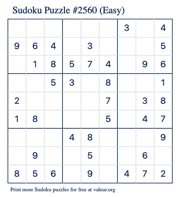 Free Printable Easy Sudoku Puzzle number 2560