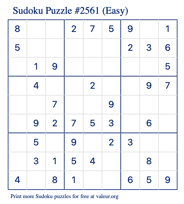 Free Printable Easy Sudoku Puzzle number 2561