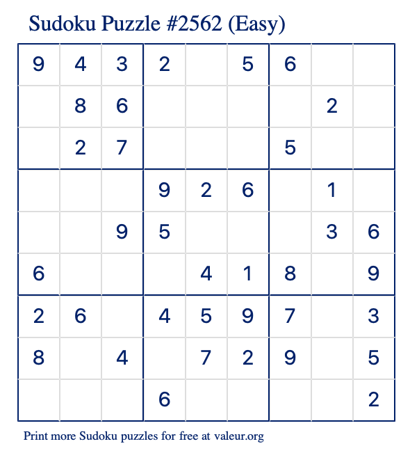 Free Printable Easy Sudoku Puzzle number 2562