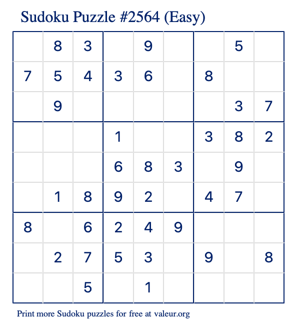 Free Printable Easy Sudoku Puzzle number 2564