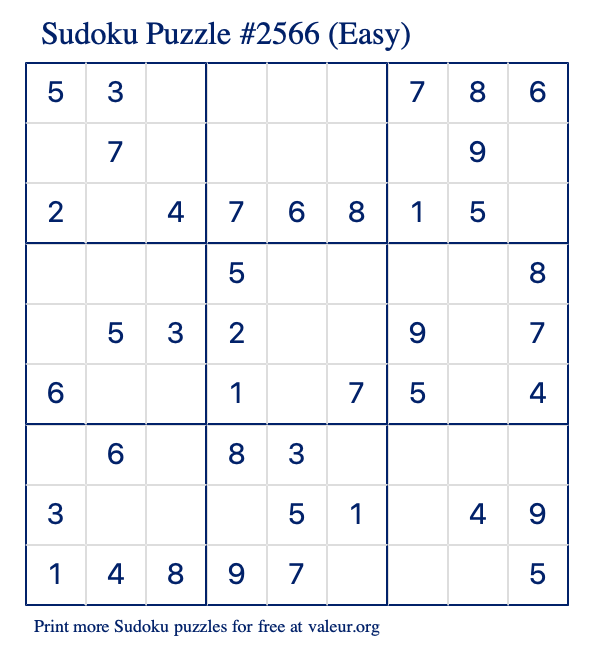 Free Printable Easy Sudoku Puzzle number 2566