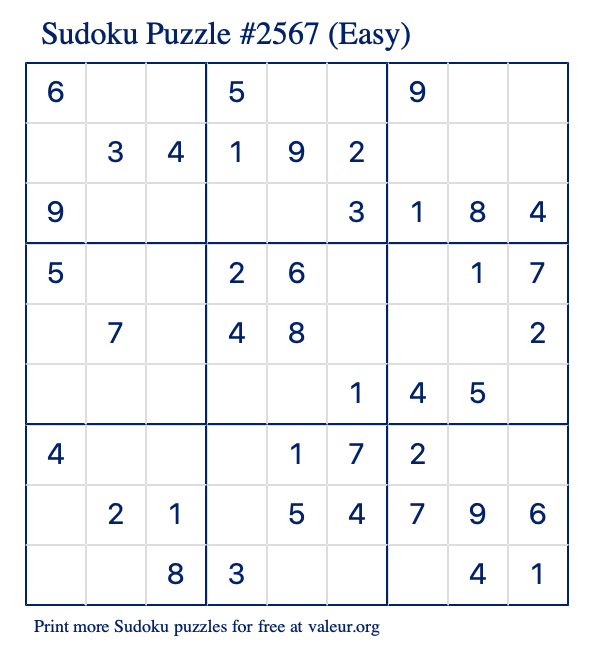 Free Printable Easy Sudoku Puzzle number 2567