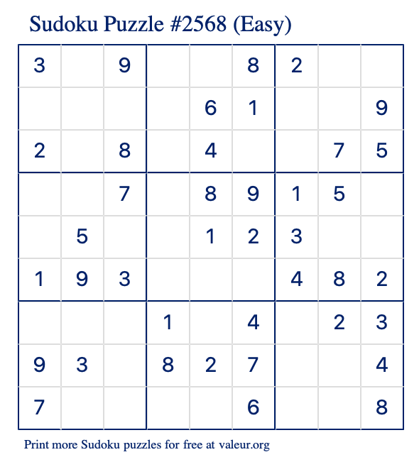Free Printable Easy Sudoku Puzzle number 2568