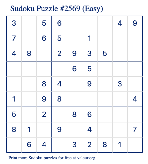 Free Printable Easy Sudoku Puzzle number 2569