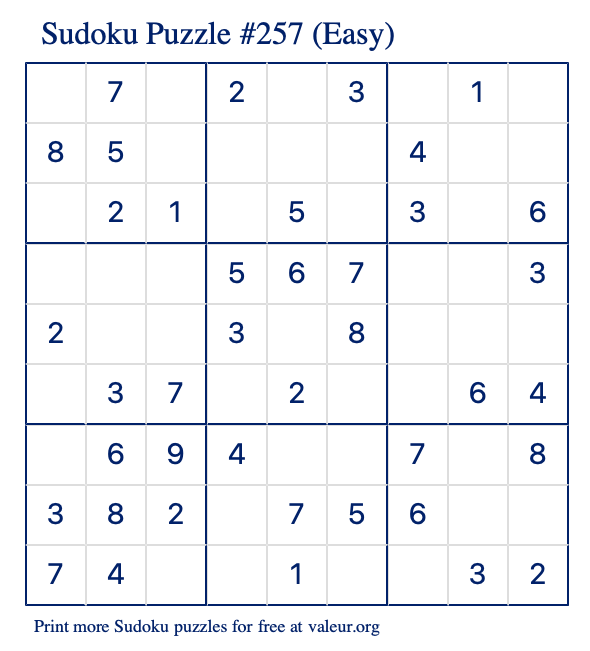 Free Printable Easy Sudoku Puzzle number 257