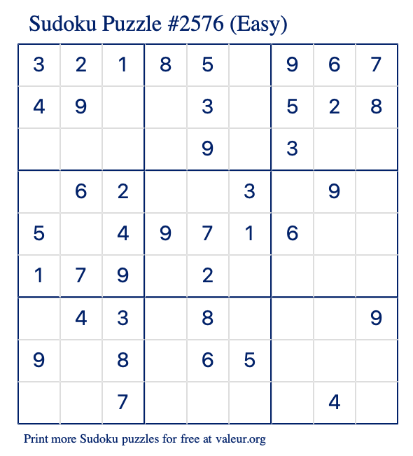 Free Printable Easy Sudoku Puzzle number 2576